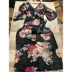 r wish Black Floral Maxi Dress Flutter Sleeve‎ V Neck Empire Waist